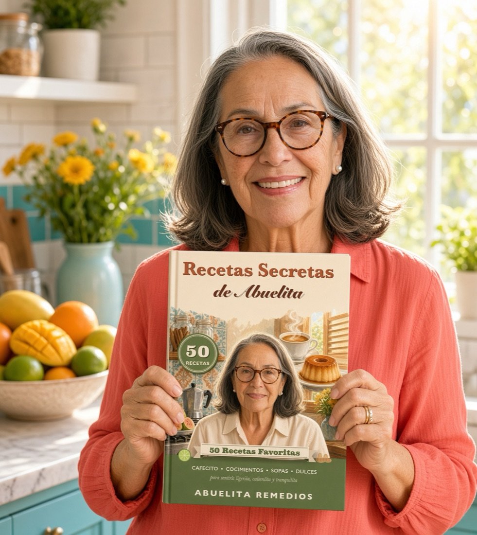 Abuelita con su libro Recetas Secretas de Abuelita: 50 Recetas Favoritas