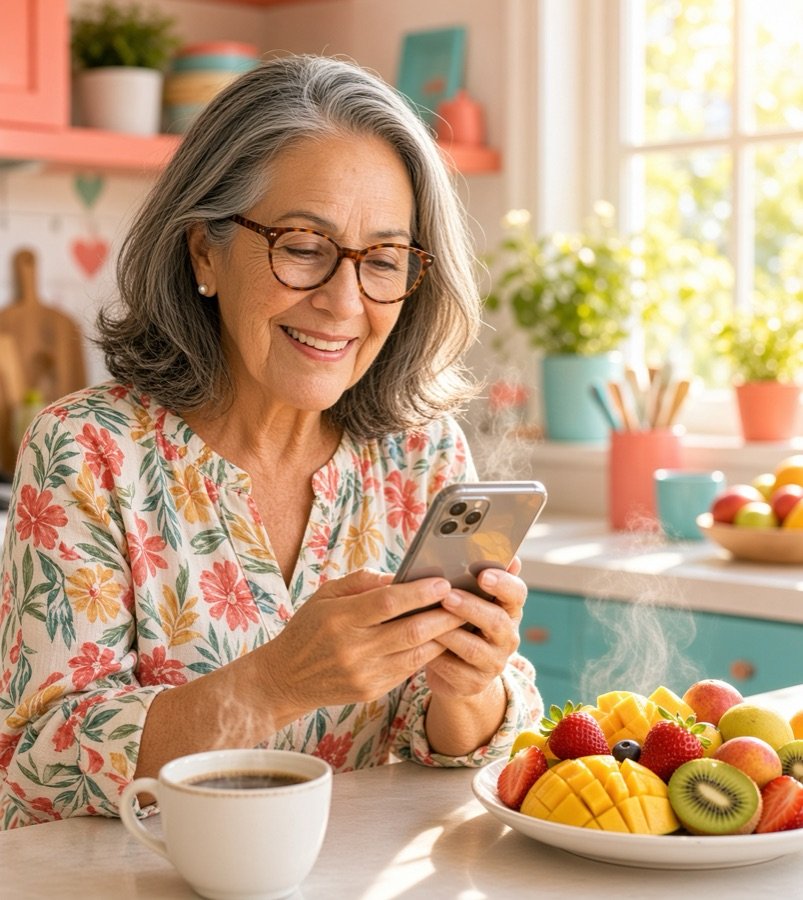 Abuelita leyendo una receta en su teléfono