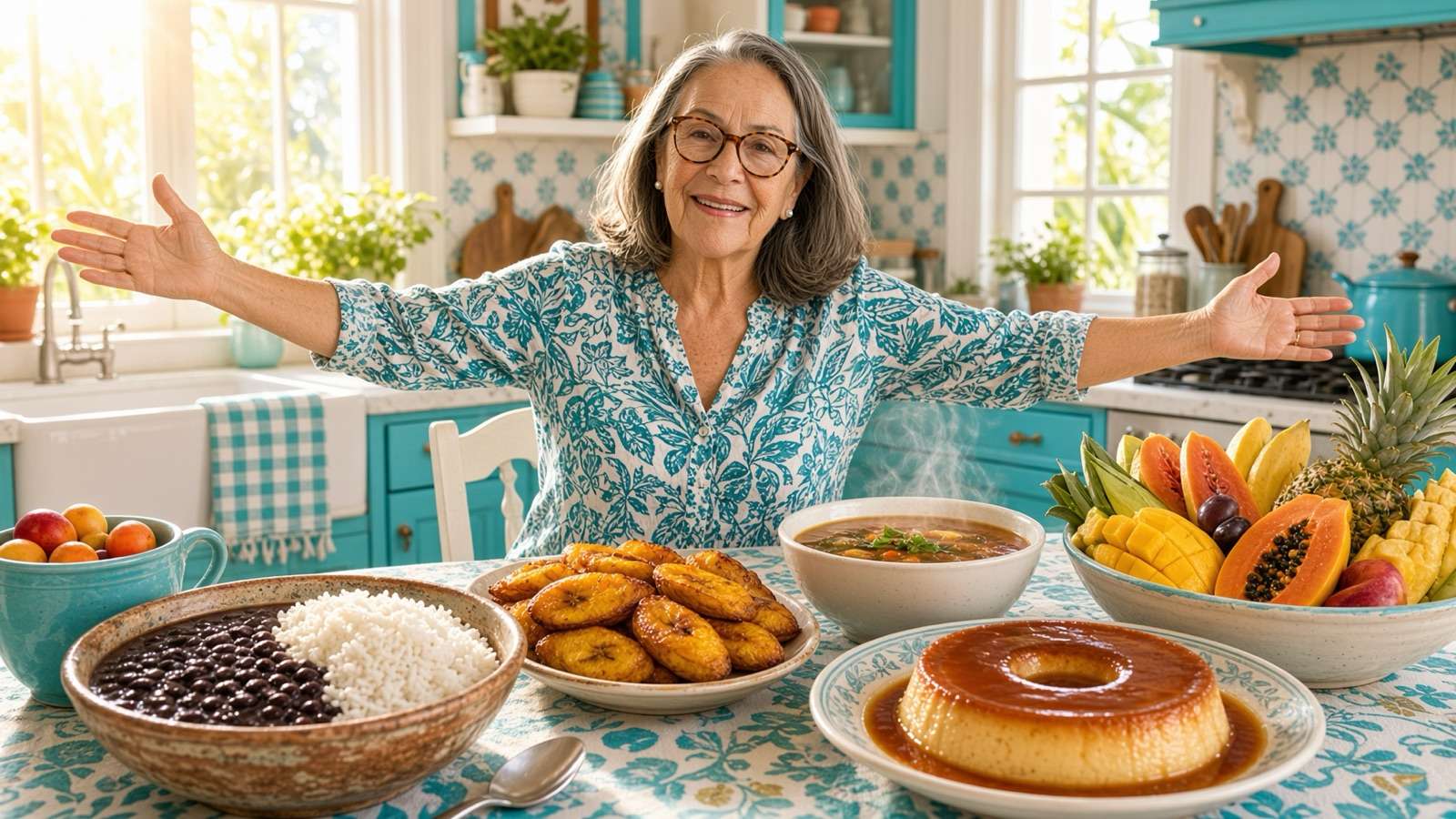 Abuelita con una mesa llena de comida cubana casera